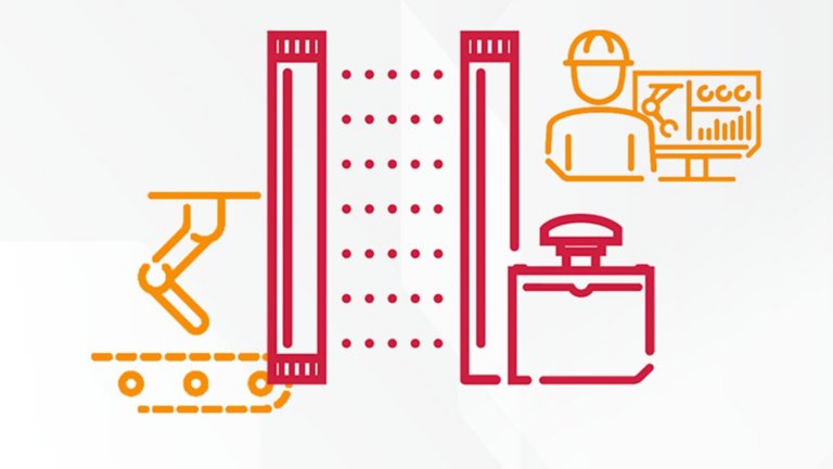 Collage de iconos que contiene dispositivos de seguridad y un usuario frente a una computadora que muestra datos en la pantalla