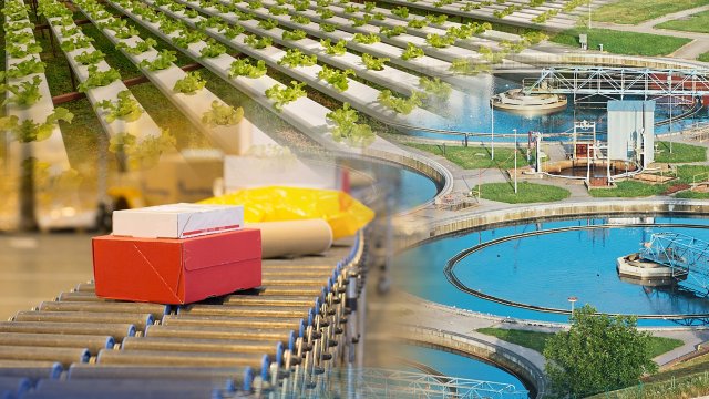 A collage image of three key industries for Micro800 controllers. The top-left of the image shows multiple rows of green vegetables in a farm, bottom-left shows packages on a conveyor belt in a distribution warehouse and the right half of the image shows a zoomed out perspective of a water wastewater treatment plant.