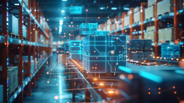 Las paletas de productos apilados en una línea de ensamblaje de la planta se escanean con una cámara de inspección de visión de inteligencia artificial de IA, llamada FactoryTalk Analytics VisionAI.